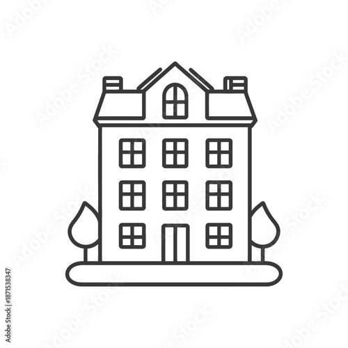 Line drawing of a multistory building with trees