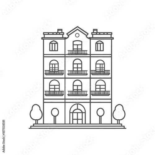 Elegant Multistory Building with Balconies and Trees