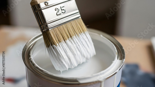 A close-up, high-angle shot focuses on the head of a paintbrush being dipped into an open can of white paint.