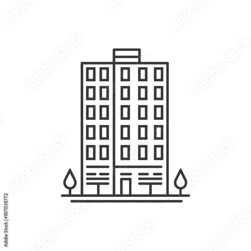 Line art illustration of a multistory building with trees