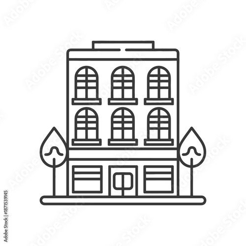 A Multistory Building With Trees And Shops Below