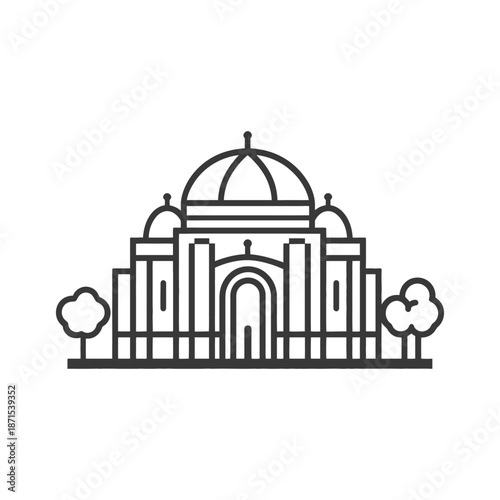 Line drawing of a grand building with trees