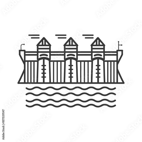 Hydroelectric Dam Structure With Three Towers Over Water