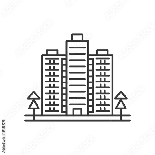Apartment Building Icon With Trees Flanking It