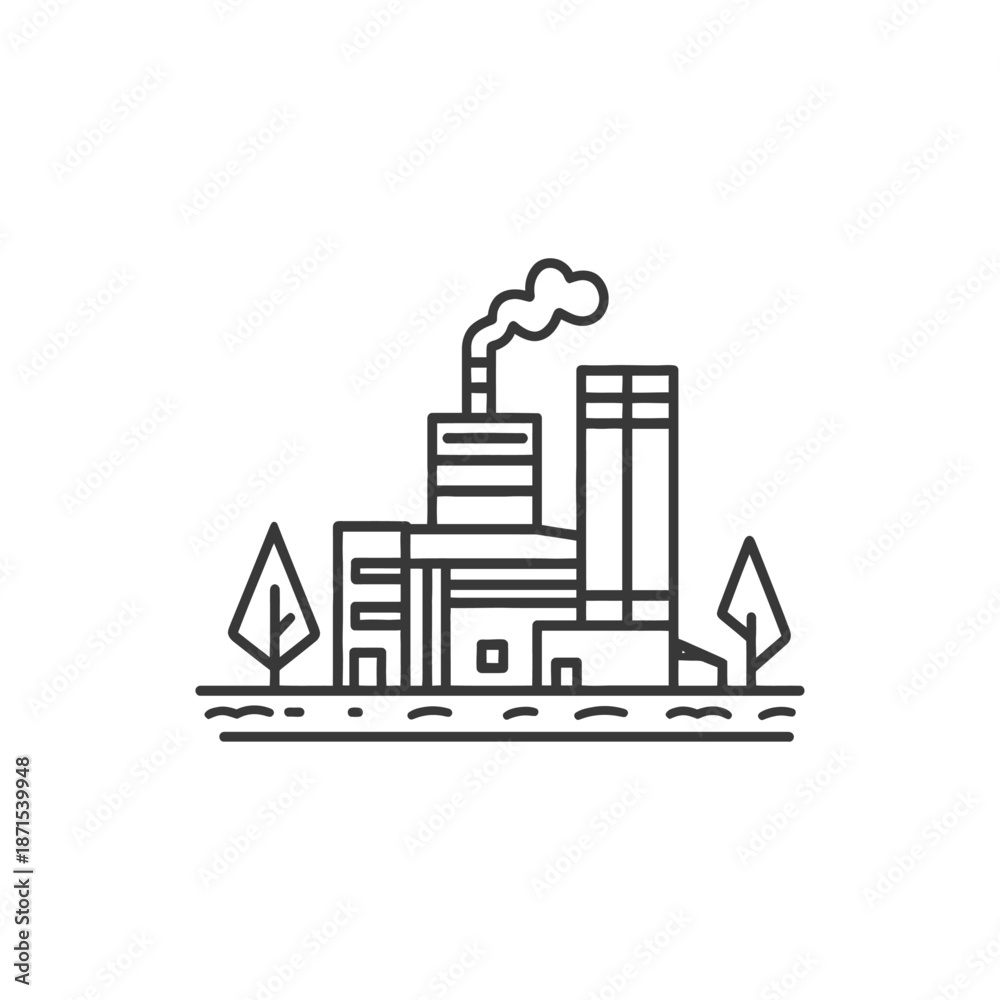 Naklejka premium Industrial Factory Building with Trees and Smoke