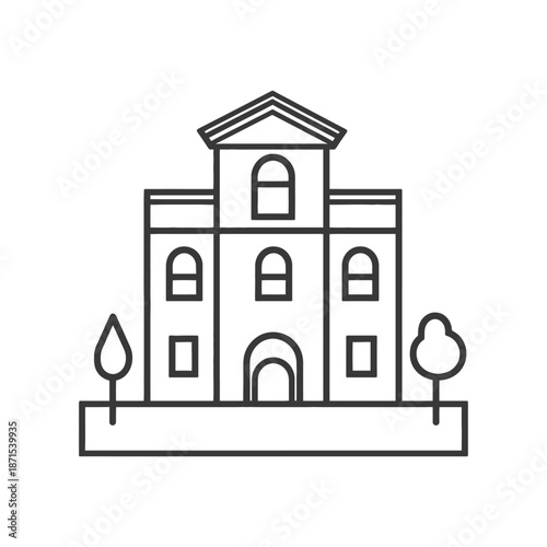 Line drawing depicts a three story building with trees