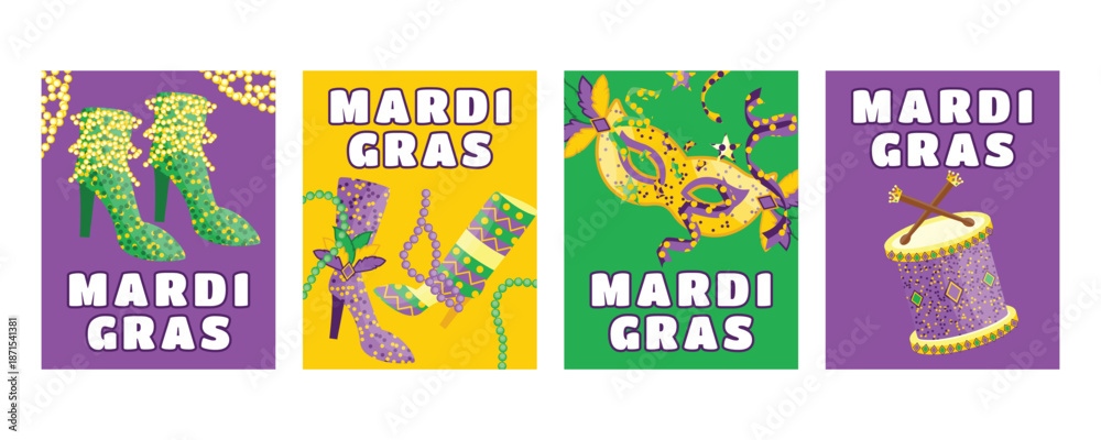 Fototapeta Mardi Gras vertical carnival banners and greeting cards with costumes, shoes, masks, drums, beads and confetti