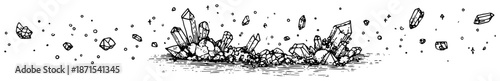 Hand drawn sketch of crystal clusters and floating mineral gems in doodle style
