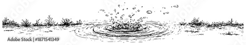 Vintage ink illustration of a water splash with ripples in a natural landscape setting