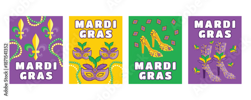 Mardi Gras vertical carnival banners and greeting cards with jester symbols, beads, masks, festival shoes, feathers and gemstones