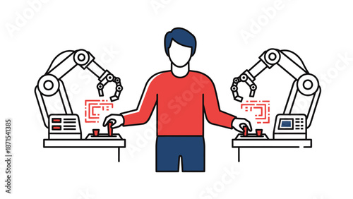 Man Controlling Industrial Robot Arms Illustration.