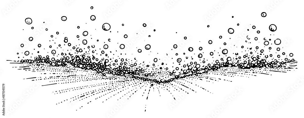 Obraz premium Hand drawn sketch of bubbles or particles rising from a flat surface or horizon