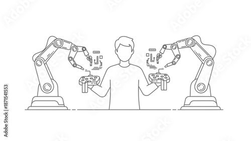 Man Working with Robotic Arms Illustration.