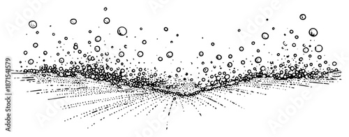 Hand drawn sketch of bubbles or particles rising from a flat surface or horizon