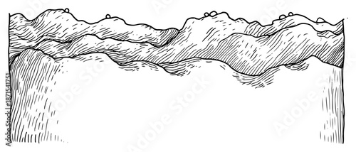 Minimalist hand drawn horizontal landscape featuring rolling hills and mountain peaks with ink hatching