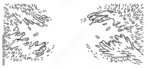 Hand drawn sketch of clapping hands or reaching hands with dynamic motion particles