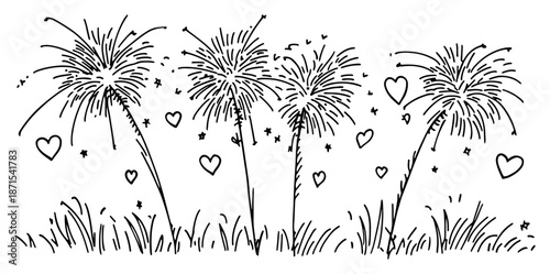 Hand drawn sketch of festive fireworks and hearts exploding over a grassy field for celebration