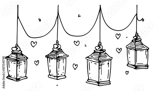 Vintage hand drawn hanging lanterns with heart symbols in engraving style