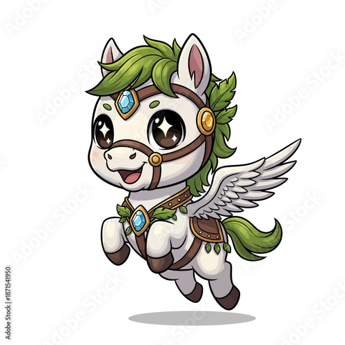 Cute Chibi Pegasus with Green Mane and Wings. Lunar New Year Vector Illustration. EPS Editable