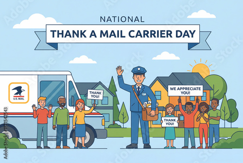 Illustration of diverse community honoring mail carrier on appreciation day.