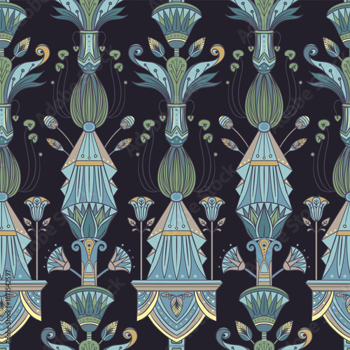 Seamless vector pattern of an ancient Egyptian lotus flower. Hand-drawn retro design in earthy tones, inspired by Egyptology and traditional ornamental motifs. Perfect for textiles, wallpaper, and