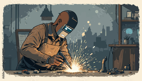 Vector of welder doing welding work