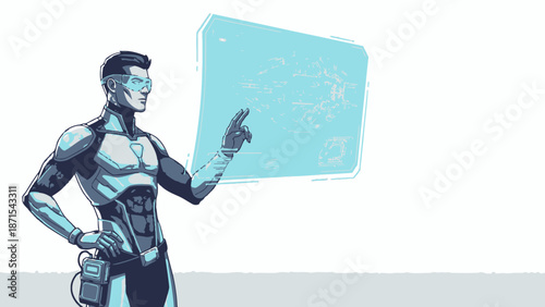 Futuristic Robot Holding Gun and Sign.