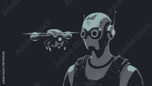 Futuristic Soldier with Drone and Headset.