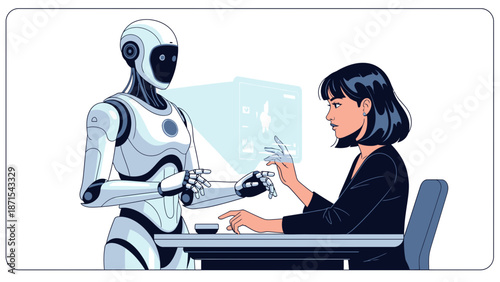 Humanoid Robot Interacting with Businesswoman at Desk.