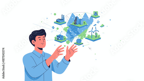 Man Interacting with Energy Icons Illustration.