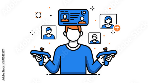 Man Using Virtual Reality Headset Controllers.