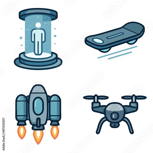 A set of futuristic transport icons: teleporter, hoverboard, jetpack, drone.