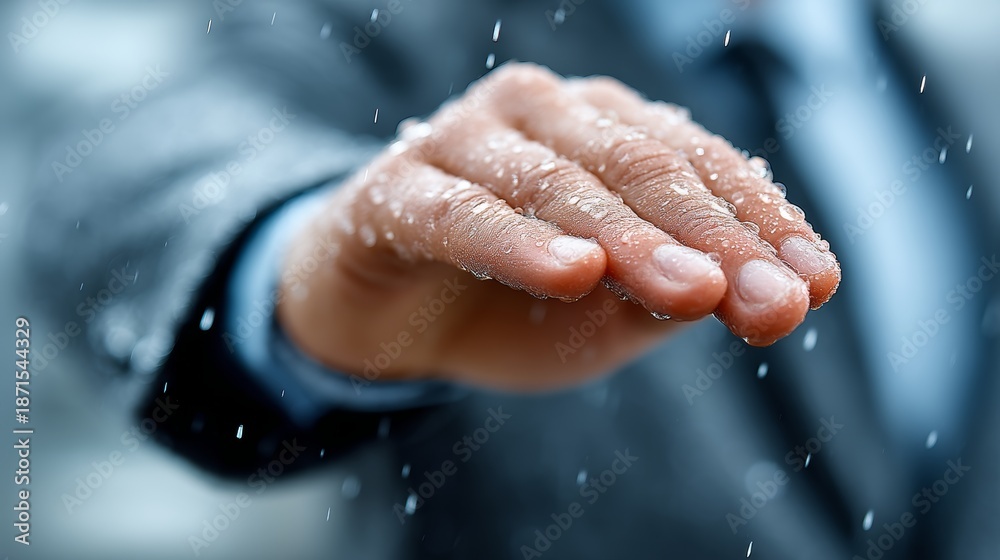 Fototapeta premium Outstretched hand in cold rain with snow on fingers in a business setting showing care and protection