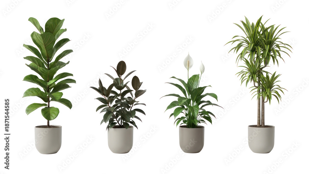 Obraz premium Four Potted Indoor Plants Isolated on Transparent Background