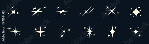 Minimalist star light pictograms with shine, flare and sparkle. Galaxy inspired silhouettes glow with clean geometry. Use in festive art, space visuals or abstract poster sets.