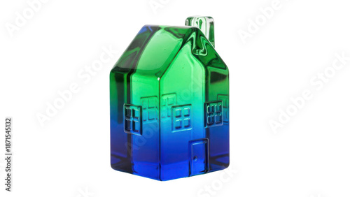 Glass house sculpture with blue and green gradient, isolated on transparent background