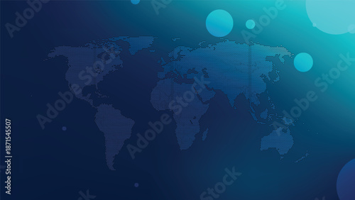 Digital world map in gradient blue with dotted continents and abstract circles for global technology and communication