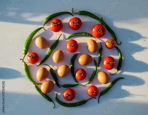 Menemen ingredients arranged in circular pattern