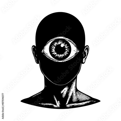 Surreal conceptual illustration of a head with a single eye in detailed style. Suitable for editorial artwork, poster design and conceptual creative projects