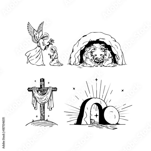 Set of Christian illustrations including nativity, resurrection tomb and Easter cross. Suitable for holiday graphics, church prints and faith-based designs.