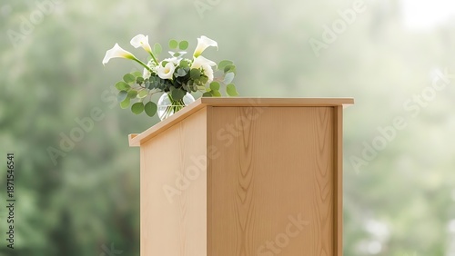 Wooden podium with calla lilies and green leaves against blurred background