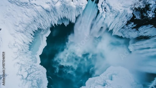 Iced waterfall aerial view