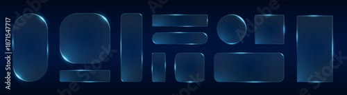 Futuristic glass box frame features glowing blue neon lights and digital tech effects. Transparent rectangle screen with square UI elements and bright electric shine for game design and mobile apps.