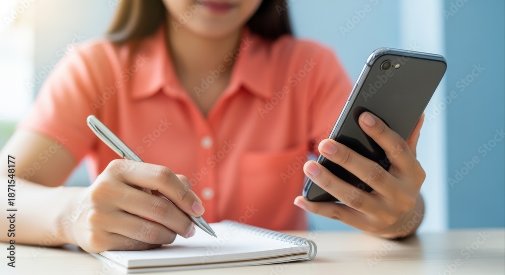 Fototapeta premium Woman Planning and Writing in Notebook While Holding Phone, Balancing Digital and Traditional Methods