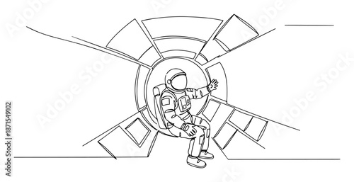 astronaut floating in space station line drawing