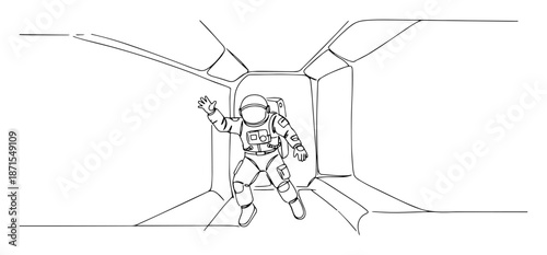 astronaut walking inside spacecraft corridor