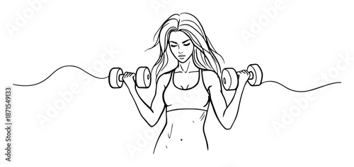 fit woman lifting dumbbells line art