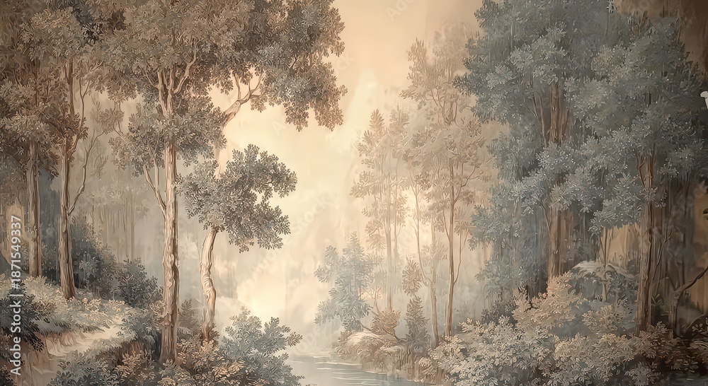 Obraz premium Wall painting depicting a serene landscape with trees. Design for wallpaper, photo wallpaper, frescoes, wall painting and other works.