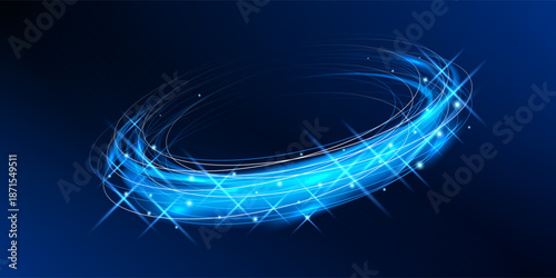 Dynamic blue neon ring with spiral energy creates a glowing vortex effect. Futuristic magic swirl and circular motion lines form a digital portal with bright sparkles and light trails in space.