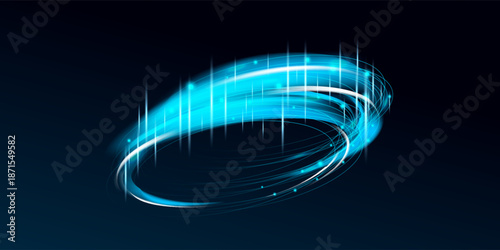 Abstract neon blue ring features a luxurious glow with magic sparkle effects. Spiral energy waves and dynamic motion curves create a futuristic vortex with bright flares and bokeh particles.